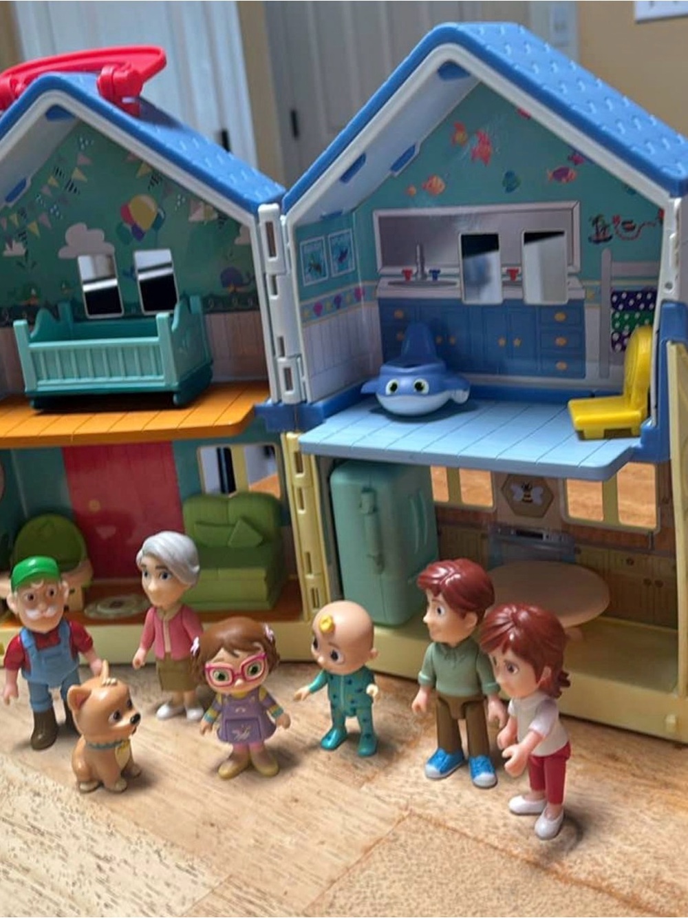Blue Foldable Playhouse Toy with Family Figures and Pet
